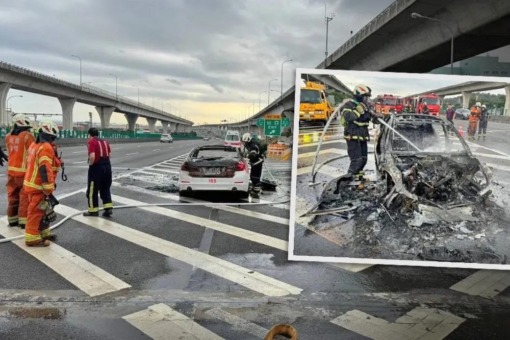 國1連2起火燒車！賓士突冒煙燃燒　警車「紅斑馬」成火球全毀