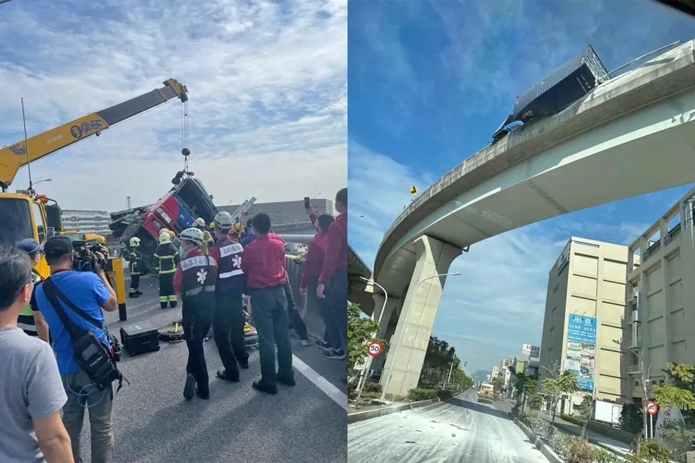 驚險！貨櫃車國道失控翻覆　「4層樓高處」車體懸空護欄外畫面曝光