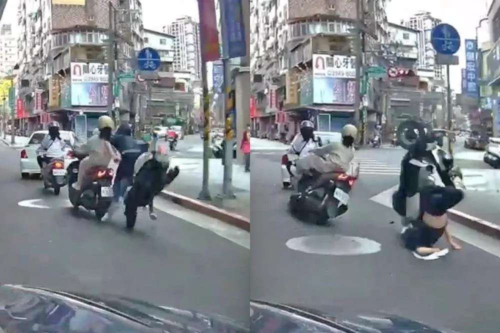 【好癢片】男子為抓癢單手騎車　煞車不及追撞女騎士「顏面著地」超痛