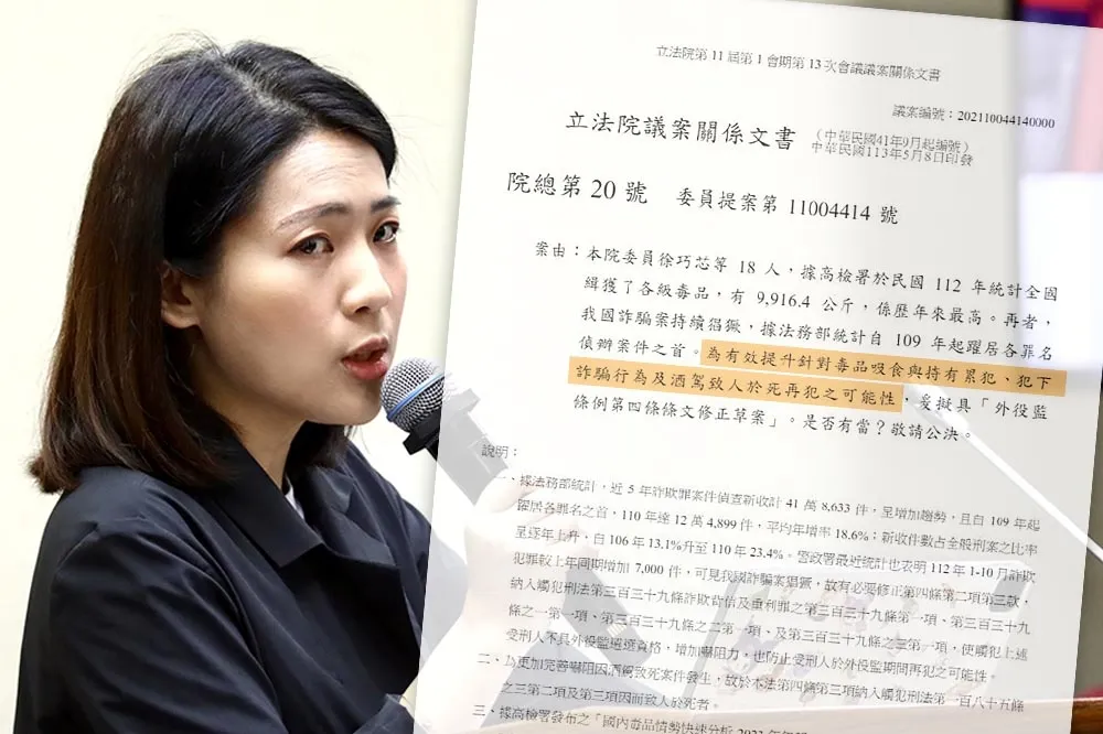 提案稱要「提升」吸毒詐騙及酒駕再犯可能性挨轟　徐巧芯道歉