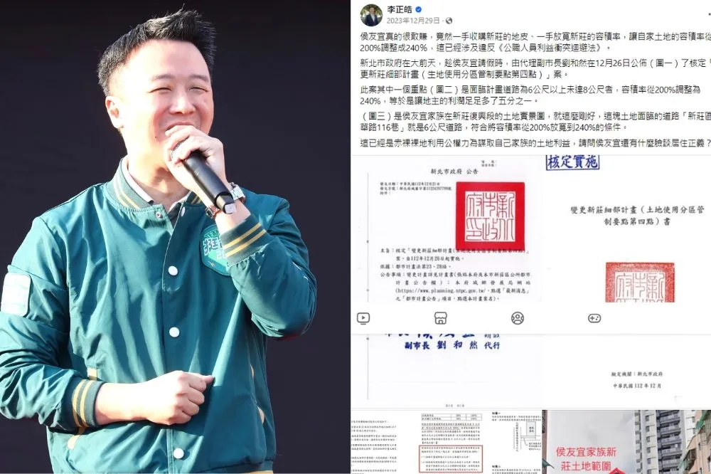 控侯友宜跟建商合作開發新莊土地獲不起訴　李正皓：爆料是有根據