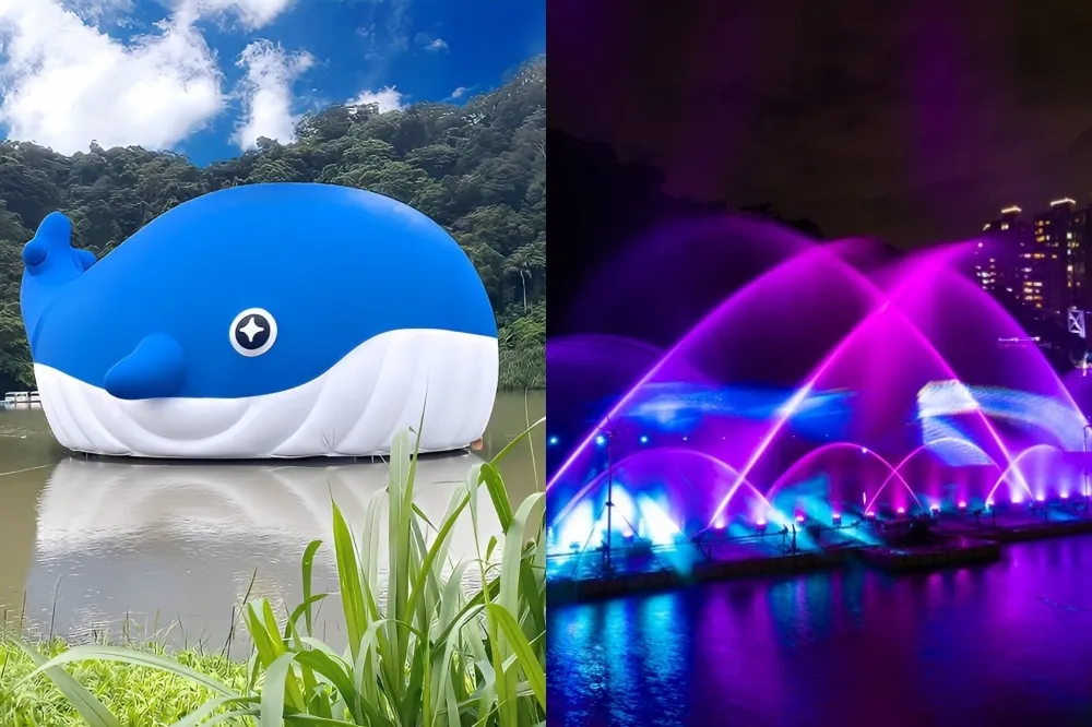 碧潭水舞「巨型鯨魚」地景亮相！整點噴 5 米高水柱　8 月兩場煙火秀別錯過