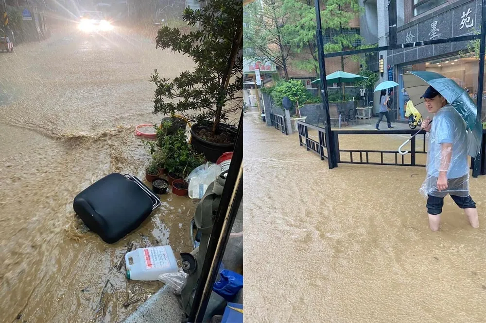 國家級警報！15縣市豪大雨　北市信義區街道變小河、公寓樓梯成瀑布