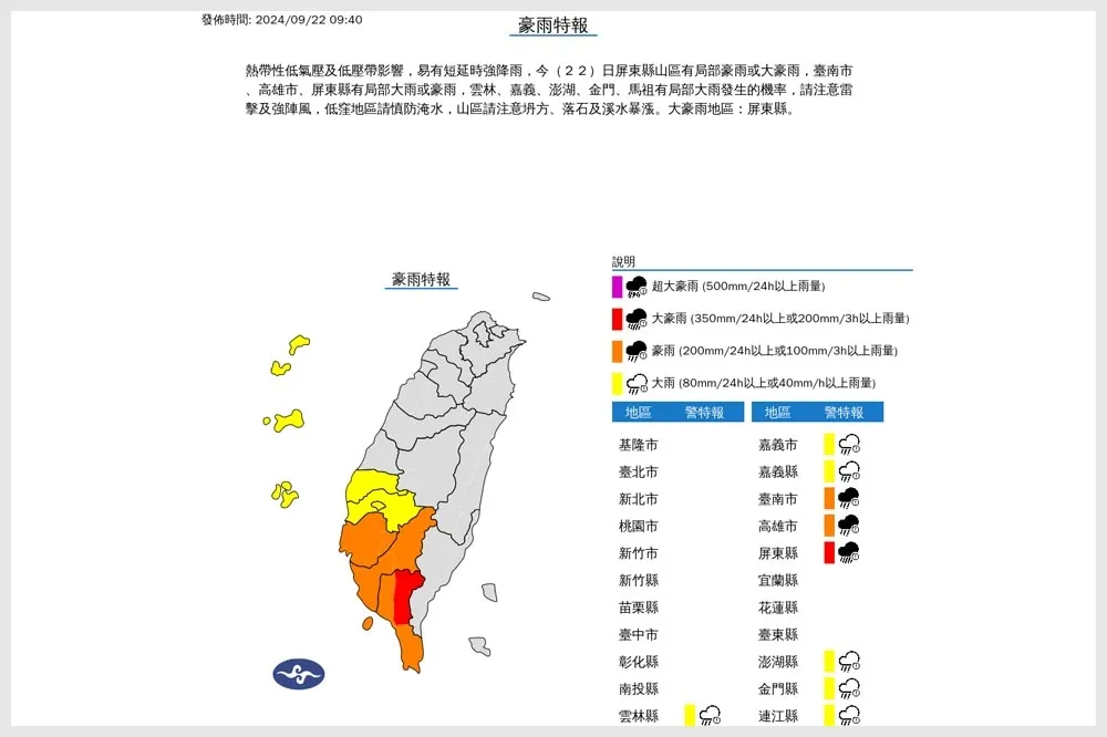 屏東縣等9縣市發豪大雨特報　北部中午過後雨勢變大增強