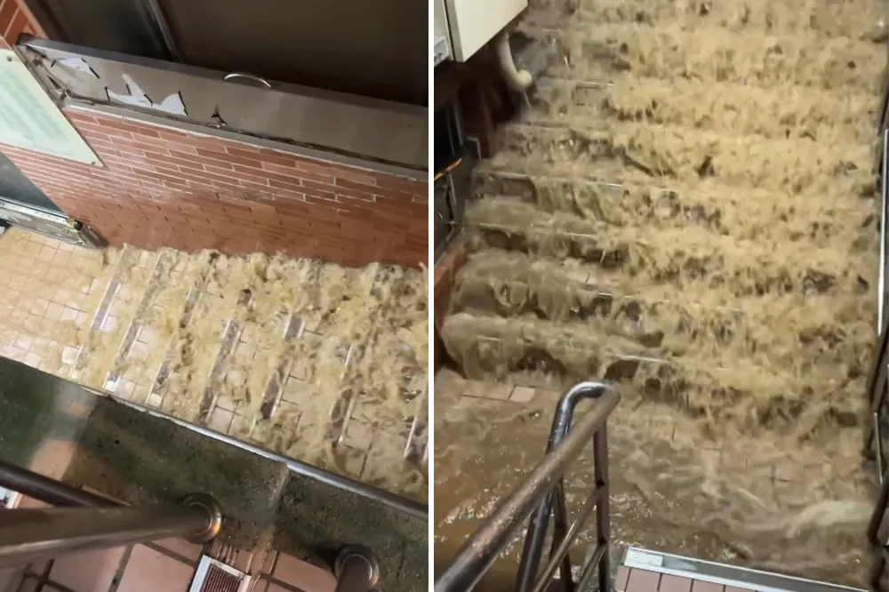 暴雨襲擊！東吳大學宿舍「黃泥樓梯瀑布」再現　汐止標檢局遭泥水沖垮圍牆