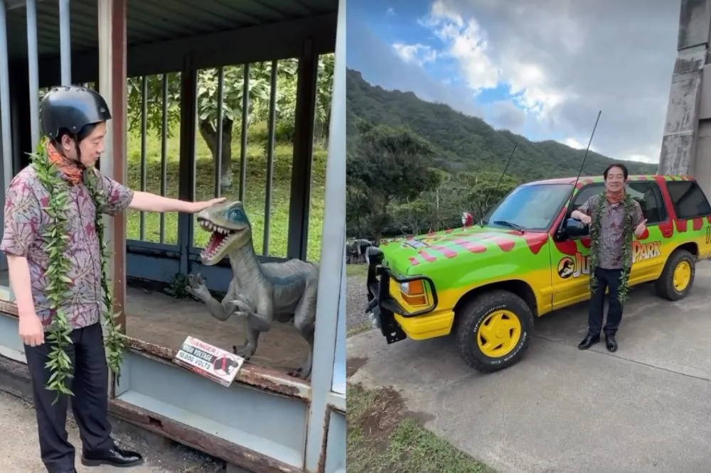賴清德搭越野車參訪《侏儸紀公園》場景　和迅猛龍同框