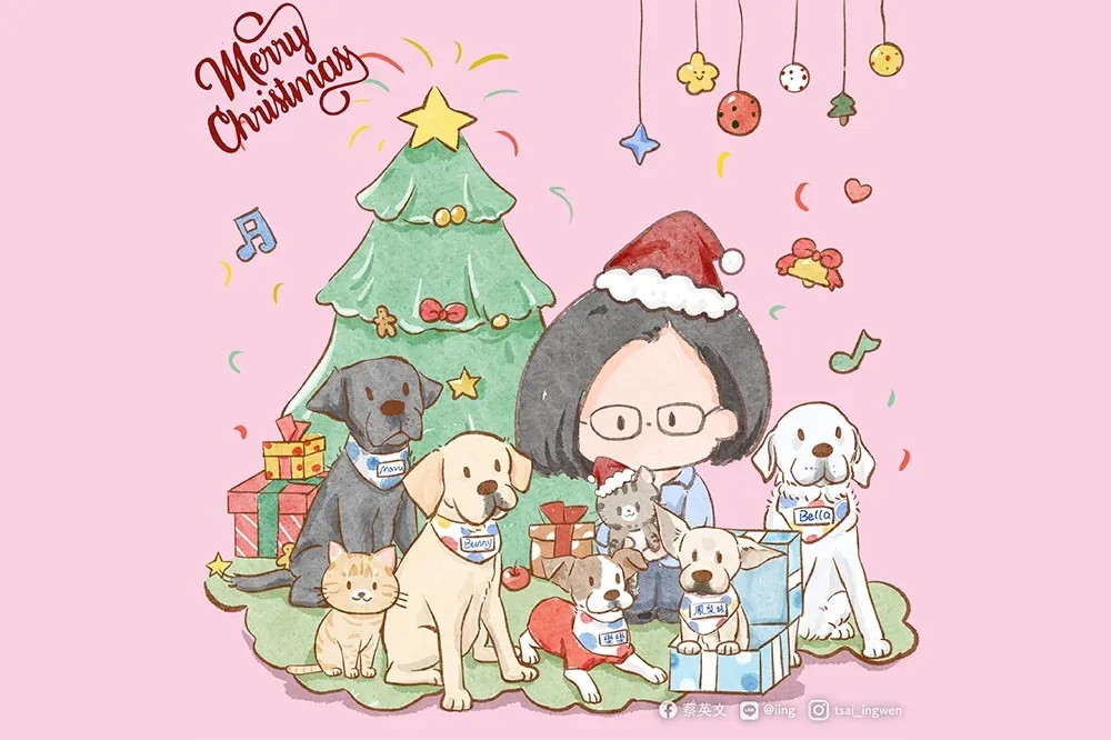蔡英文PO耶誕祝賀圖卡　和離世的3隻狗狗團聚了