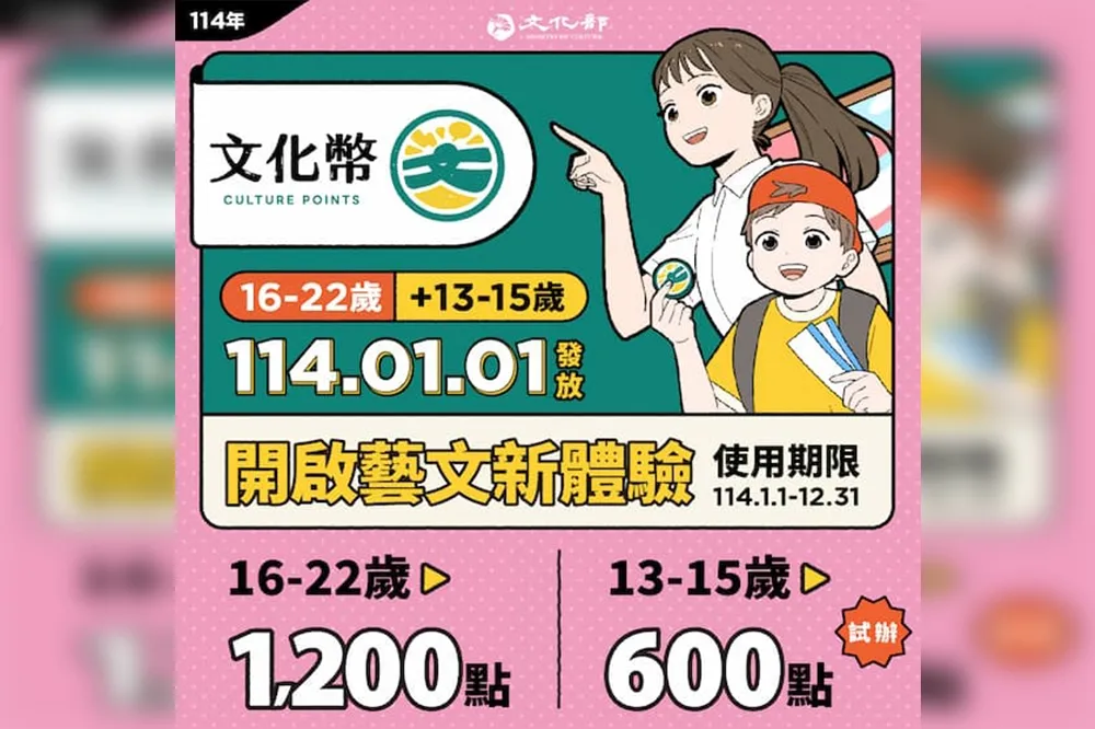 青少年小確幸！2025文化幣元旦起領用　加碼試辦13至15歲每人600點