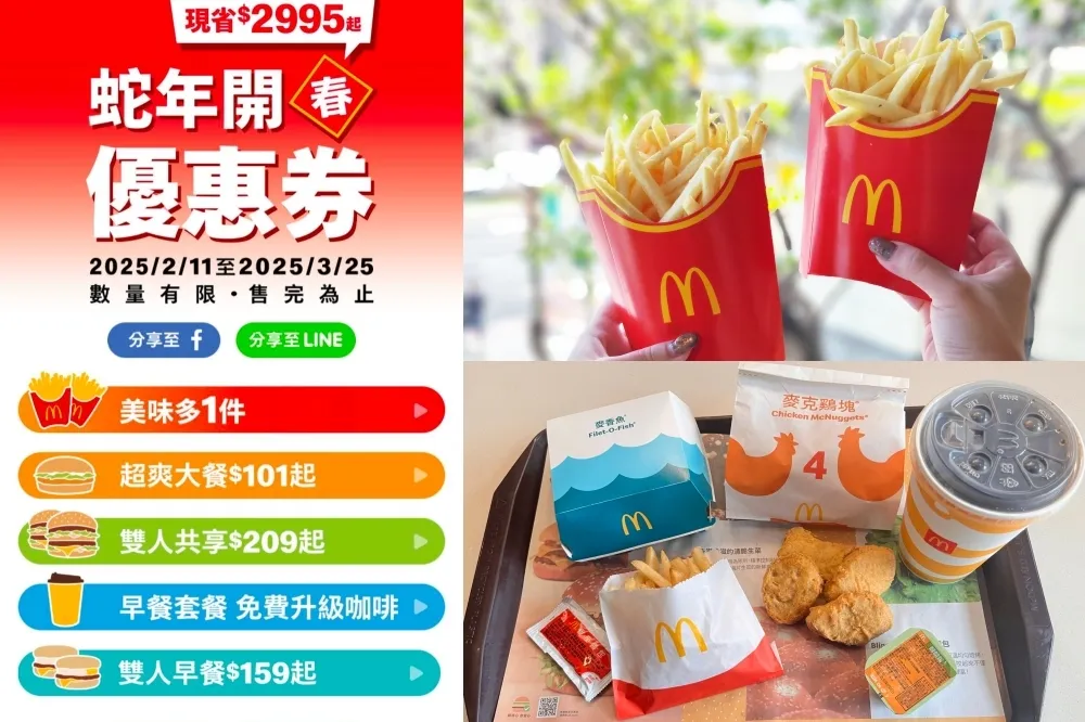 麥當勞「2025 優惠券」現省 2995 元！買一送一、加一元多一件等優惠全收　套餐加雞塊只要 101 元