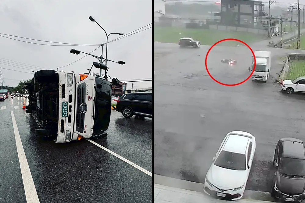 【有片】詭異天氣！苗栗雨勢猛烈還颳龍捲風　機車騎士、大貨車瞬間遭掀翻