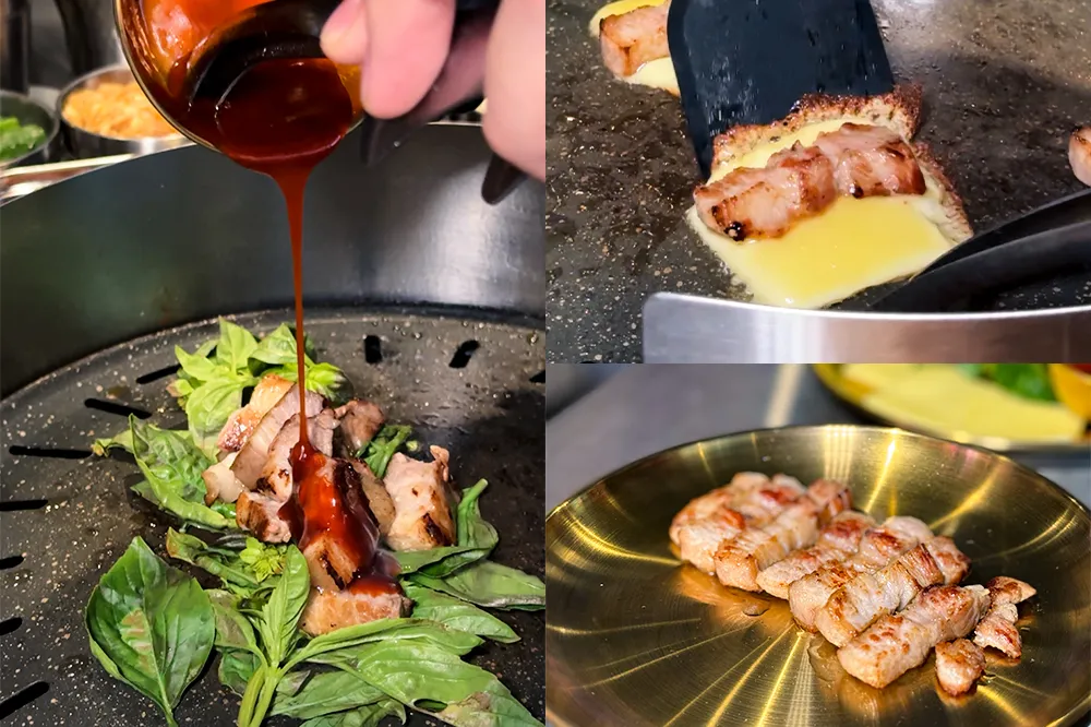 王品韓式燒肉「金咕原塊烤肉」最推薦的菜色就是這原塊厚切的「國產豬五花三吃」